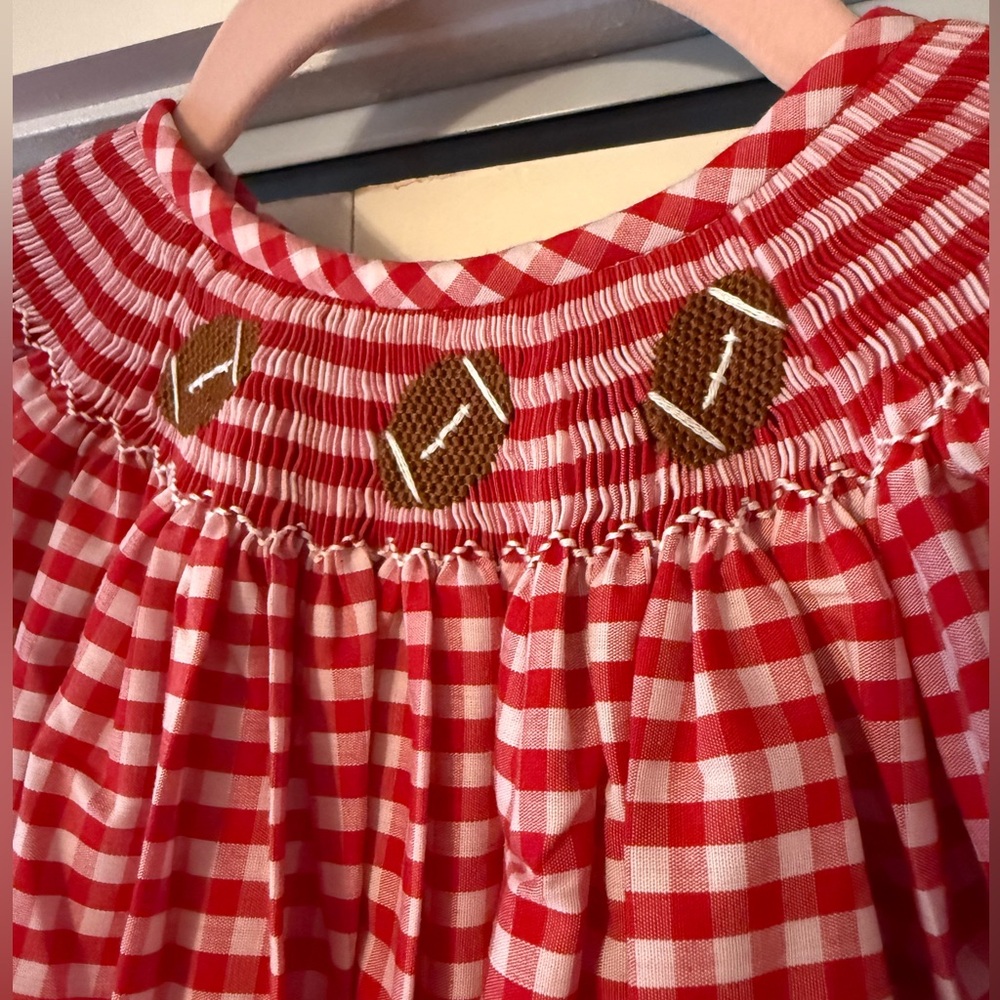 NWT Southern Sunshine Red Gingham Smocked Bishop Dress Football Embroidery Sz 7